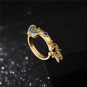 18K gold-plated open ring featuring a blue heart charm and boy girl robot pendant for women