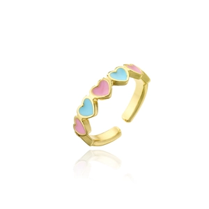 Bague ajustable plaquée or 18 carats avec motifs cœurs en émail rose et bleu
