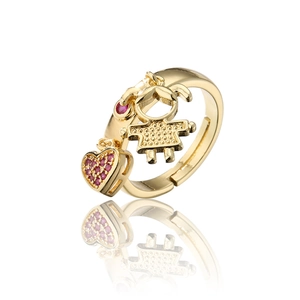 18K gold plated adjustable open ring featuring heart and girl pendants with pink zircons