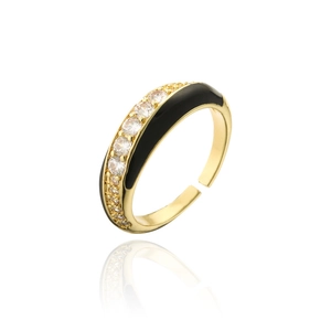 Bague réglable dorée avec émail noir et pierres en zircon pour femmes à la mode