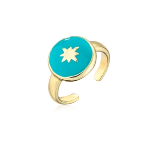 18K gold plated copper ring with blue enamel circle and golden starburst center