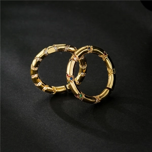 Bague Ouverte en Cuivre Plaqué Or 18K pour Femme Vintage Luxueux Zirconia Micro-Pavage Hélice Texture Bambou Bijou Ajustable