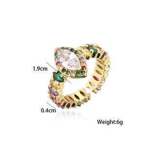 Detailed size view of an 18K gold-plated adjustable ring with colorful cubic zirconia