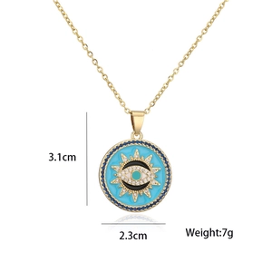 Detailed view of evil eye pendant necklace showing dimensions 3.1cm height and 2.3cm width