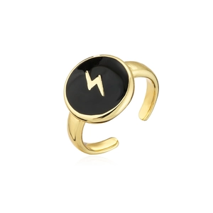 Close-up of adjustable 18K gold plated ring featuring a black enamel circle and gold lightning bolt