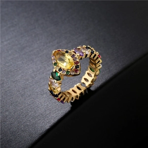 Retro 18K gold plated ring with yellow marquise zircon and multi-color crystal accents