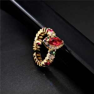Luxurious gold-plated adjustable ring with multicolor zircon stones and red marquise crystal