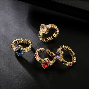 Vintage Copper Zirconia Open Ring Gold Plated Marquise Cut Colorful Gemstone Adjustable Statement Jewelry Ring For Wedding Party Women