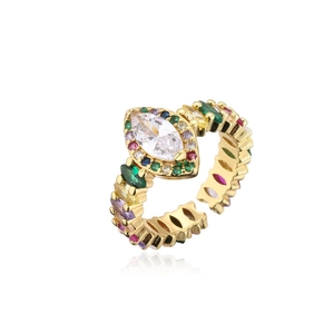Luxurious 18K gold-plated adjustable ring with multicolor zircons and marquise crystal