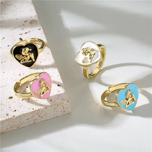 Angel Cupid Relief Heart Enamel Ring Copper 18K Gold Plated Zirconia Adjustable Open Ring For Women Bohemian Luxury Jewelry