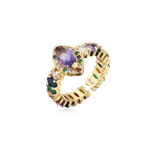 Detail of 18K gold ring featuring a purple marquise zircon and colorful pavé stones