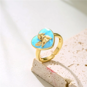 Blue enamel heart angel ring in 18K gold plated finish with adjustable open band style