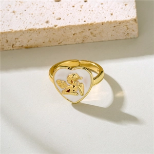Adjustable 18K gold plated heart ring with white enamel and golden cupid relief