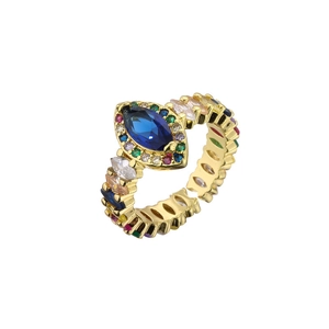 Detail view of gold open ring with marquise blue stone and multi-colored zircon stones