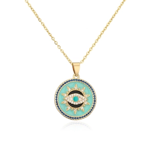 Evil eye sunburst necklace with blue enamel and colorful cubic zirconia on gold chain