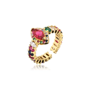 Close-up of gold ring with large red marquise crystal and colorful zircon stones