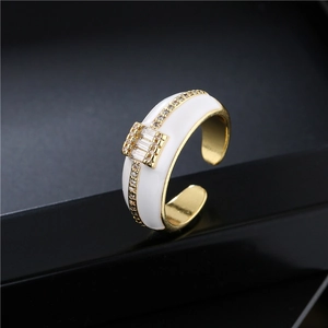 18K gold plated adjustable ring with white enamel and micro-set cubic zirconia crystals