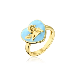 Detail view of gold adjustable ring with blue enamel heart and angel relief