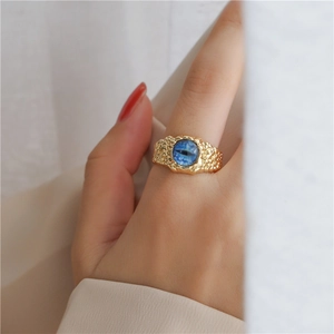 Vintage bohemian 18K gold plated evil eye geometric open ring with blue stone