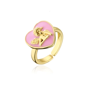 18K gold plated heart ring with pink enamel and angel relief, adjustable bohemian style