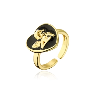 Detail of 18K gold-plated heart ring featuring black enamel and Cupid angel relief