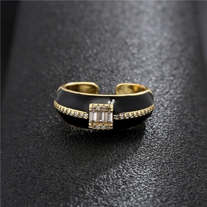 18K gold plated adjustable ring with black enamel and sparkling zircon stones