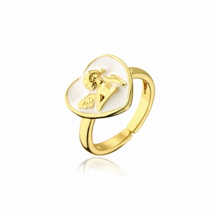 Detail of white enamel heart ring with a golden cupid relief and adjustable band