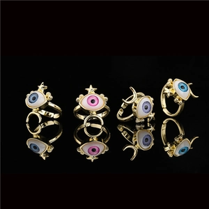 Geometric Evil Eye Adjustable Open Ring For Women Gold Plated Copper Star Moon Rhinestone Bohemian Fashion Finger Jewelry