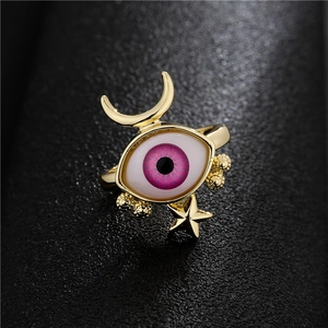 Gold plated geometric evil eye open ring with purple iris and celestial crescent moon