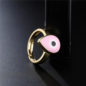 Adjustable gold plated water drop ring with pink enamel evil eye charm for women