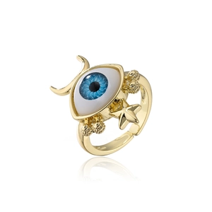 Adjustable gold plated evil eye ring featuring celestial moon and star details