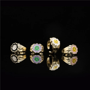 18K Gold Plated Copper Sunflower Smiley Face Open Ring For Women Enamel Drip Oil Adjustable Flower Fashion Jewelry Gift Accessory