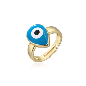 Adjustable gold plated evil eye open ring with teardrop blue enamel inlay for women