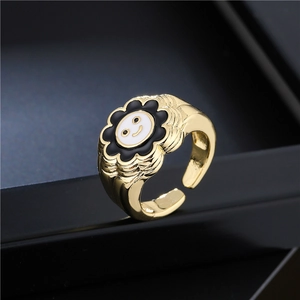 18K gold plated sunflower smiley face open ring with black enamel petals and textured band