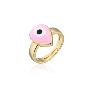 Detailed macro of pink enamel water drop evil eye ring with adjustable gold band