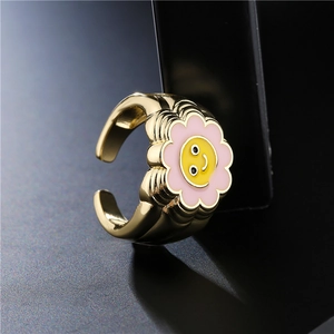 Cute gold-plated smiley sunflower open ring with pink enamel petals for women