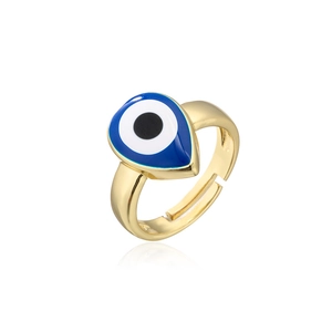 Close-up of gold-plated open ring featuring a blue teardrop enamel evil eye detail
