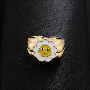 Golden smiley sunflower open ring with white and yellow enamel petals for women