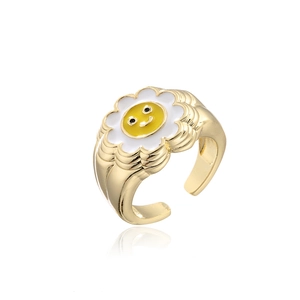Adjustable 18K gold plated copper ring with white daisy and yellow smiley face design