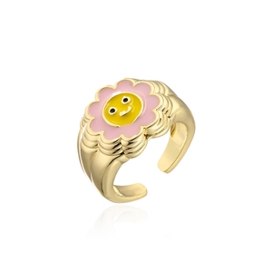 Detailed view of 18K gold plated sunflower smile face open ring with pink oil drip finish