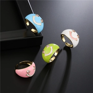 Kawaii Emaille Lächeln Gesicht Offener Ring Echtgold-Galvanisierung Kupfer Mit Rosa Zirkon Augen Verstellbare Damen Ringe Schmuck