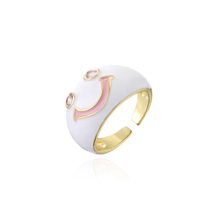Verstellbarer Goldring mit weißem Emaille und rosa Smiley-Gesicht mit Zirkonen
