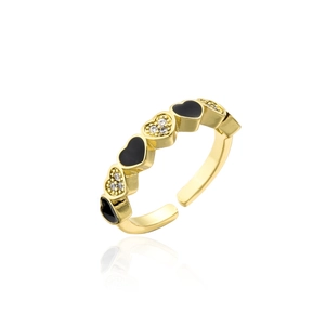 Bague cœur ajustable plaquée or avec émail noir et accents en zircon étincelant