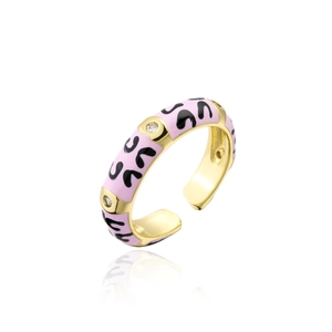 Detail of pink enamel adjustable ring with leopard spots and inlaid zircon stones
