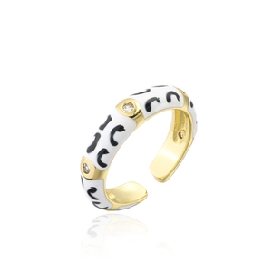 Adjustable golden ring with white enamel, black spots and micro-set cubic zirconia accents