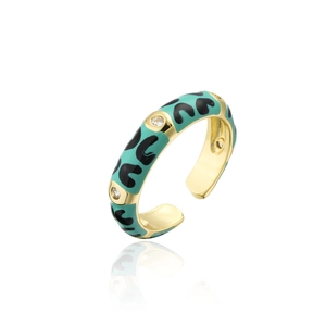 Detailed macro of golden adjustable ring with blue leopard enamel and cubic zirconia inlay