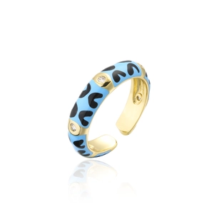 Detailed macro view of gold adjustable ring with blue enamel and heart leopard print