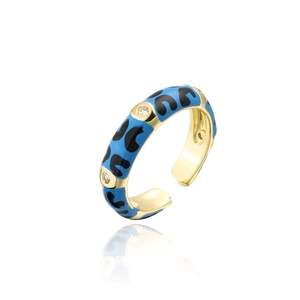 Macro detail of blue enamel leopard print ring featuring zircon stones and gold setting