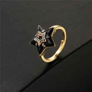 18K gold plated open star ring with black enamel and colorful cubic zirconia