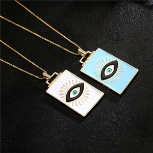 Vintage Copper Evil Eye Rectangular Pendant Necklace Gold Plated Enamel Zirconia Artistic Fashion Women Jewelry Gift